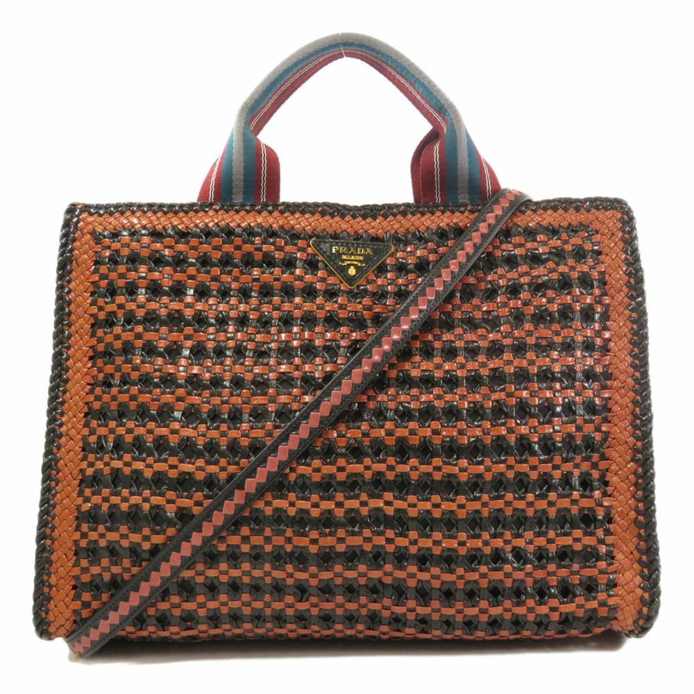 Prada Madras Woven Leather Tote Bag black brown leather weaving - Picture 11 of 11